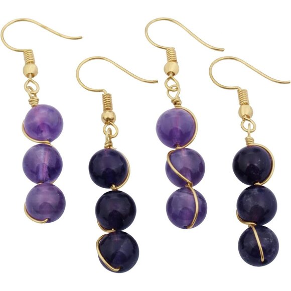 Purple Wire Wrapped Triple Ball Beaded Dangle Trendy Hook Earrings for Ladies - Picture 3 of 4